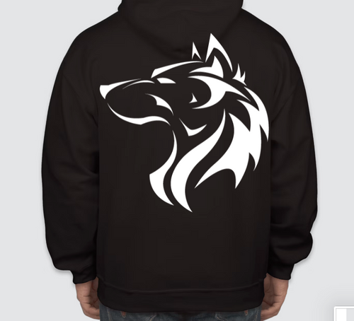 Black Wolfpack Boxing Club hoodie, back with white wolf head