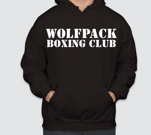 Black Wolfpack Boxing Club hoodie, front with stencil logo